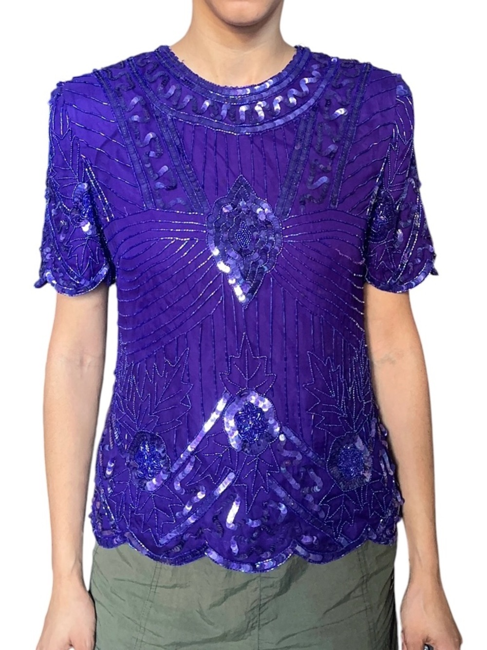 VTG 80s Laurence Kazar 100% Silk Sequin Beaded Top Royal Purple Art Deco